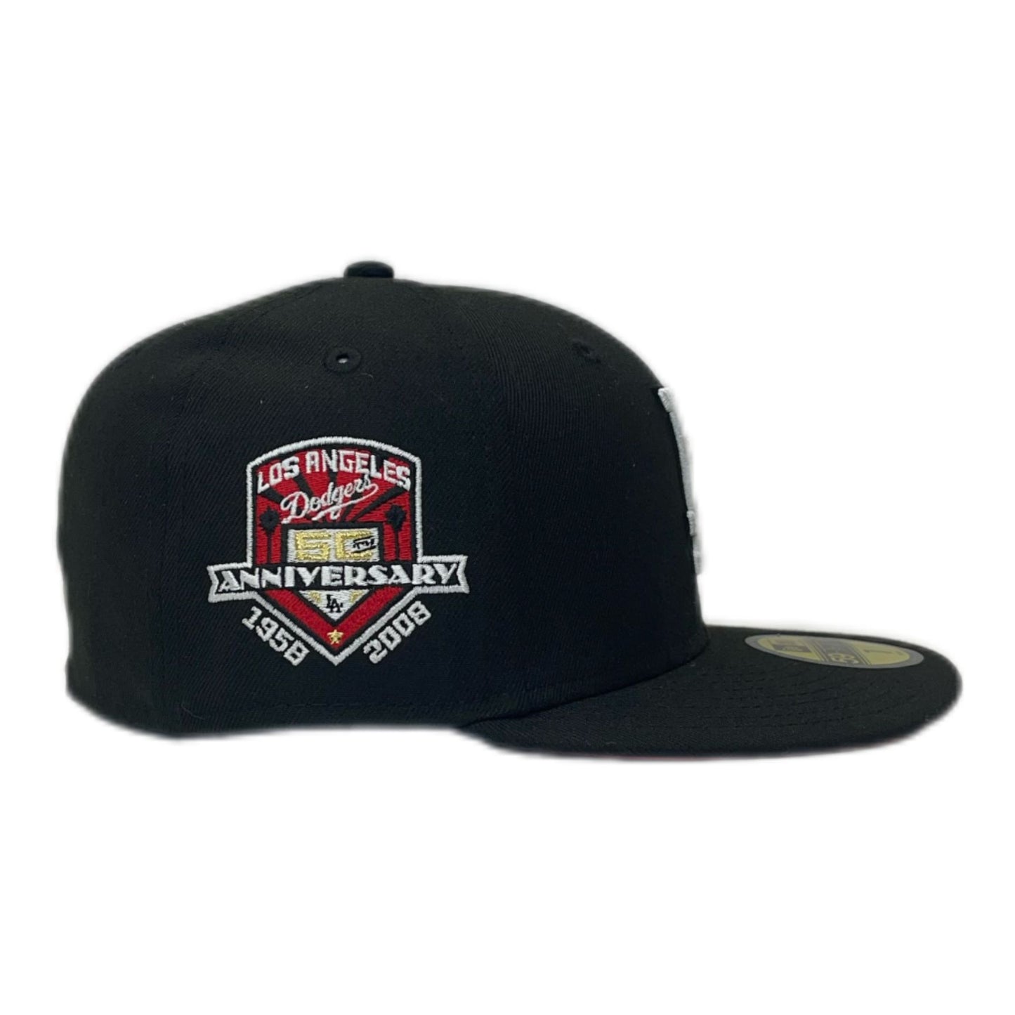 NEW ERA LOS ANGELES DODGERS 50TH ANNIVERSARY PATCH BLACK RED EDITION 59FIFTY FITTED CAP