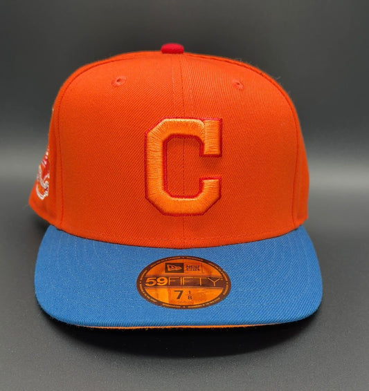 New Era 59FIFTY fitted Cleveland Indians shoes with Jacobs Field patch in orange and blue.